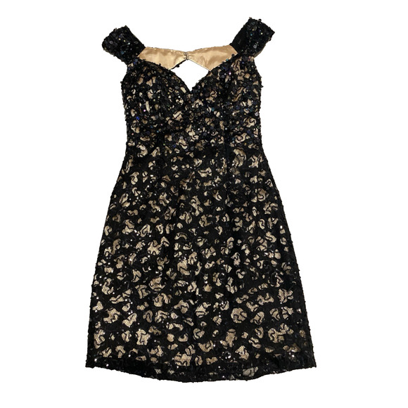 Hannah S Formal Dark Mini Dress Size 4 Sequin Black/Nude Lace Cocktail Party - Picture 1 of 10